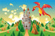 Panorama with medieval castle and dragon. Vector illustration Wall Mural