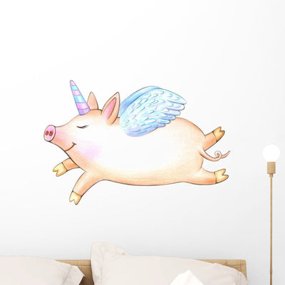 Cute Flying Unicorn Pig Wall Decal shown on a wall
