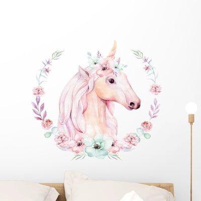 Watercolor Unicorn with Flowers Wall Decal shown on a wall