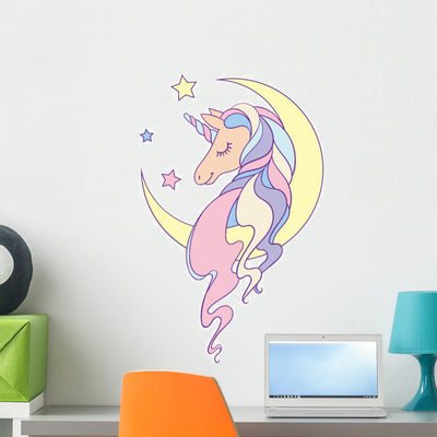 Pastel Starry Unicorn Moon Wall Decal shown on a wall
