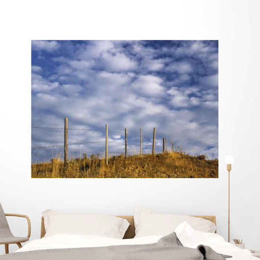 Fenceline In Pasture With Cumulus Clouds In Sky Near Cochrane Wall Mural