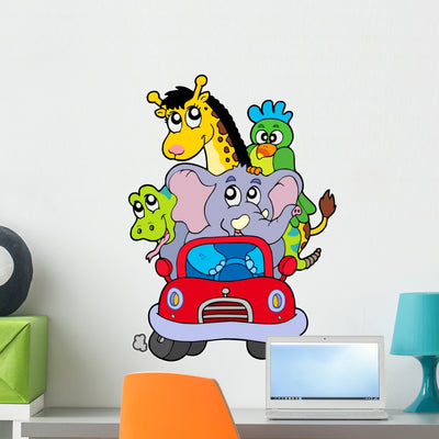 African Animals Red Car Wall Decal shown on a wall