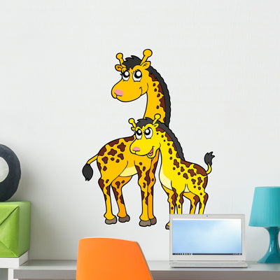 Female and Baby Giraffes Wall Decal shown on a wall