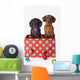 Two Dachshund Puppies Inside A Polka Dot Christmas Gift Box Wall Mural