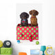 Two Dachshund Puppies Inside A Polka Dot Christmas Gift Box Wall Mural