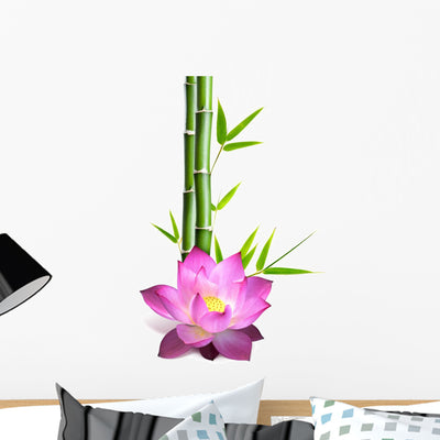 Flower Lotus and Bamboo Wall Decal shown on a wall