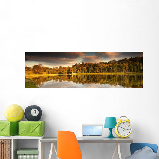 Trees Lining The Water's Edge Reflected In The Water In Autumn Wall Mural