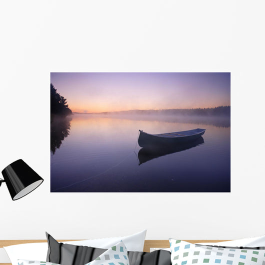 Boat In Mist On Trout Pond, Gaspesie Wildlife Reserve, Quebec Wall Mural
