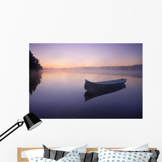 Boat In Mist On Trout Pond, Gaspesie Wildlife Reserve, Quebec Wall Mural