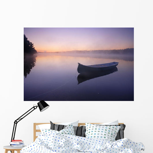 Boat In Mist On Trout Pond, Gaspesie Wildlife Reserve, Quebec Wall Mural