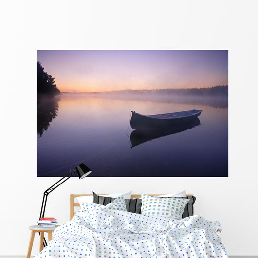 Boat In Mist On Trout Pond, Gaspesie Wildlife Reserve, Quebec Wall Mural