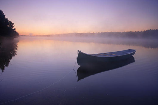 Boat In Mist On Trout Pond, Gaspesie Wildlife Reserve, Quebec Wall Mural