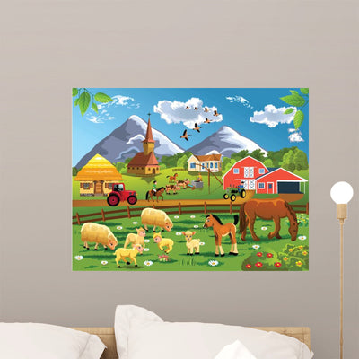 Cartoon Illustration Countryside with Wall Decal shown on a wall