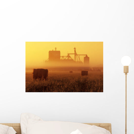 Hay Field And Feed Mill In Morning Fog, Otterbourne, Manitoba Wall Mural