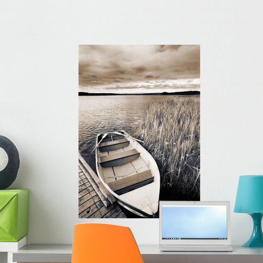 Boat And Reeds, Burntstick Lake, Alberta, Canada Wall Mural