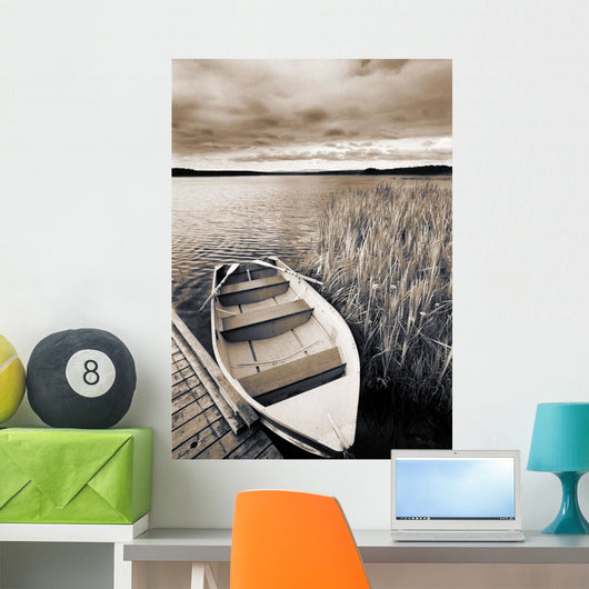 Boat And Reeds, Burntstick Lake, Alberta, Canada Wall Mural