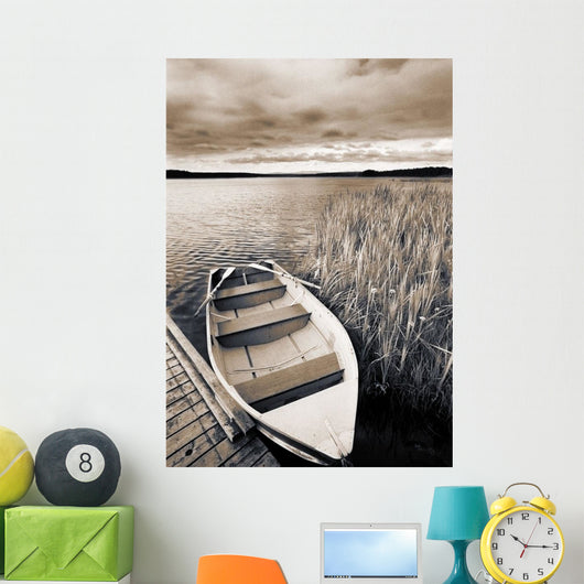Boat And Reeds, Burntstick Lake, Alberta, Canada Wall Mural