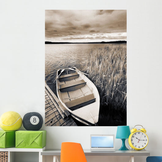 Boat And Reeds, Burntstick Lake, Alberta, Canada Wall Mural