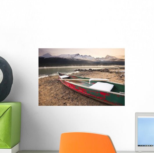 Canoe On Misty Fall Morning Wall Mural