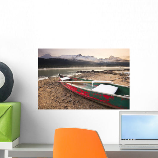 Canoe On Misty Fall Morning Wall Mural