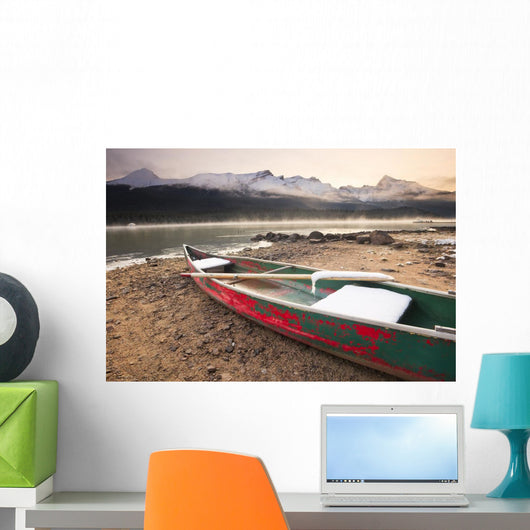 Canoe On Misty Fall Morning Wall Mural