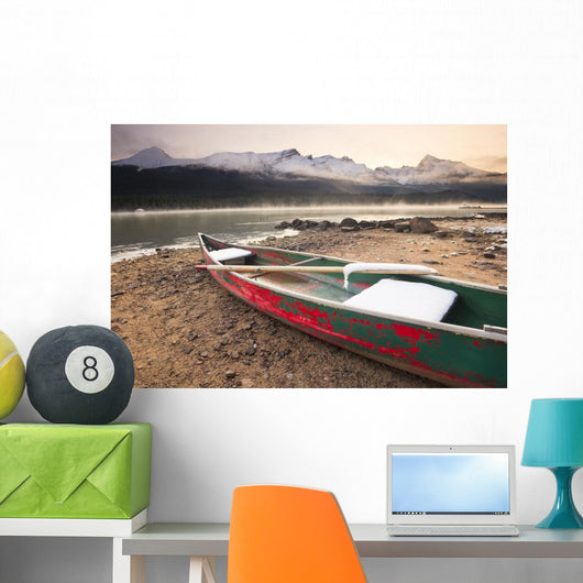 Canoe On Misty Fall Morning Wall Mural