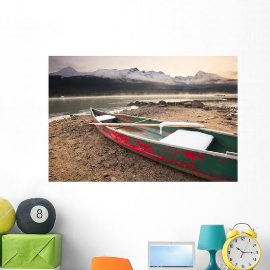 Canoe On Misty Fall Morning Wall Mural