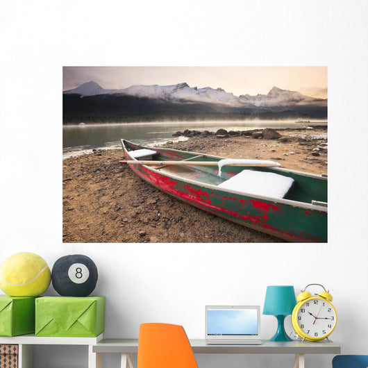 Canoe On Misty Fall Morning Wall Mural