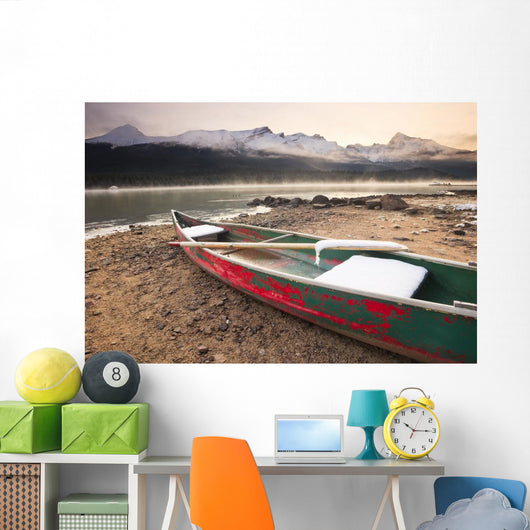 Canoe On Misty Fall Morning Wall Mural