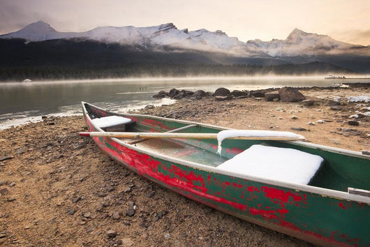 Canoe On Misty Fall Morning Wall Mural