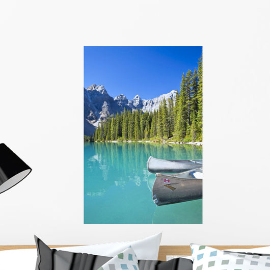 Canoes In Moraine Lake And Valley Of The Ten Peaks Wall Mural