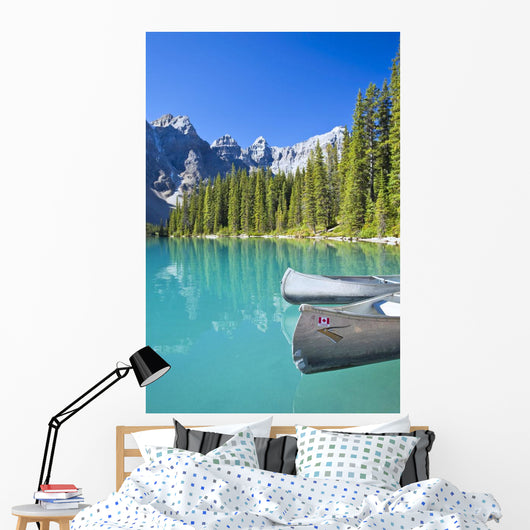 Canoes In Moraine Lake And Valley Of The Ten Peaks Wall Mural