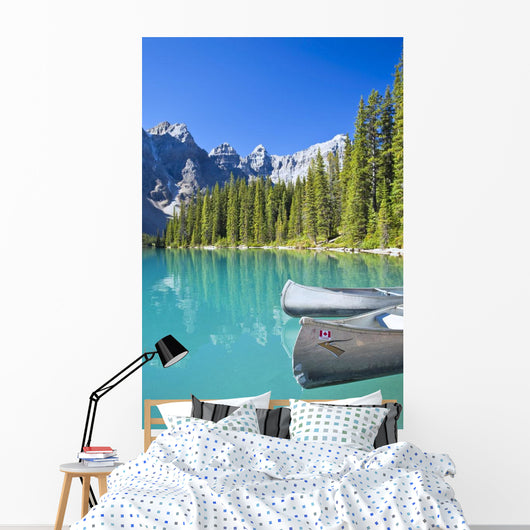 Canoes In Moraine Lake And Valley Of The Ten Peaks Wall Mural