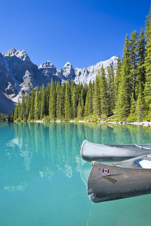 Canoes In Moraine Lake And Valley Of The Ten Peaks Wall Mural
