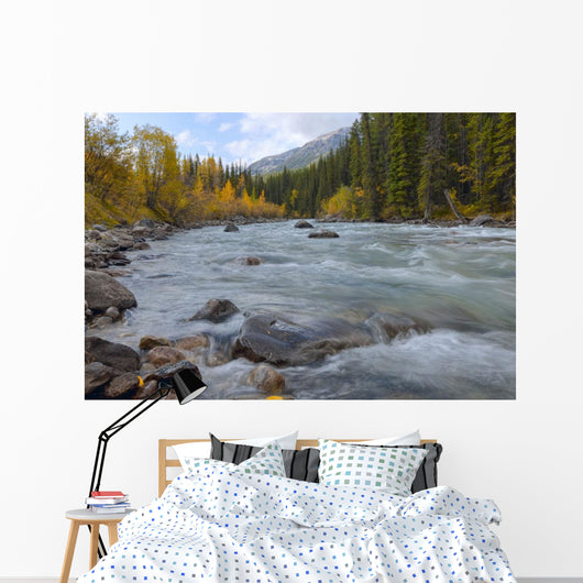 Autumn Colors Over Splashing Maligne River Wall Mural
