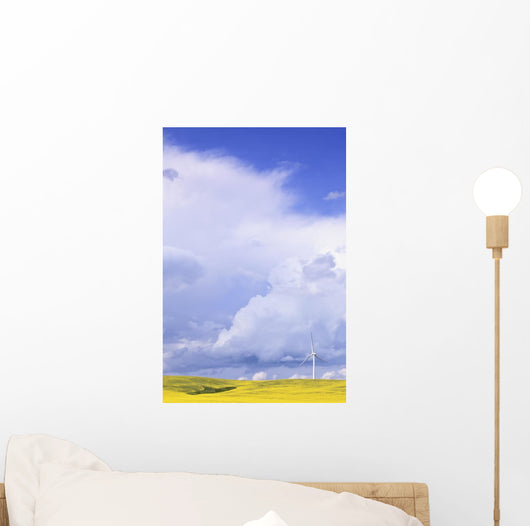 Storm Clouds Over Canola Field With Wind Turbine, St Leon, Manitoba Wall Mural
