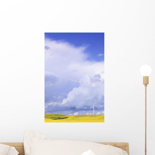 Storm Clouds Over Canola Field With Wind Turbine, St Leon, Manitoba Wall Mural