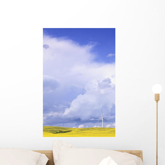 Storm Clouds Over Canola Field With Wind Turbine, St Leon, Manitoba Wall Mural