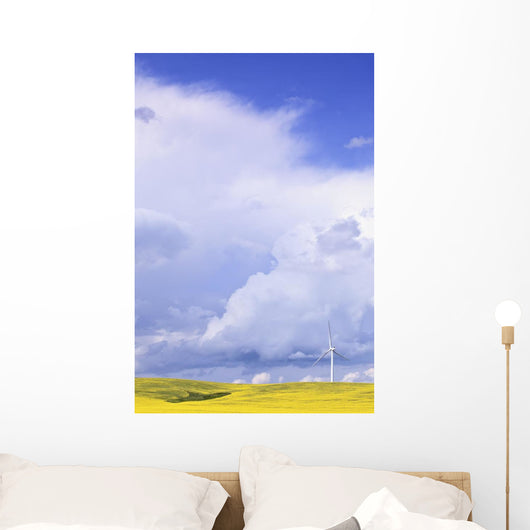 Storm Clouds Over Canola Field With Wind Turbine, St Leon, Manitoba Wall Mural