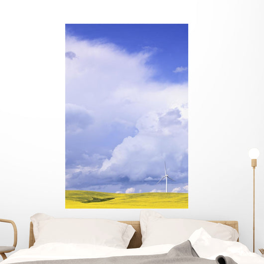Storm Clouds Over Canola Field With Wind Turbine, St Leon, Manitoba Wall Mural
