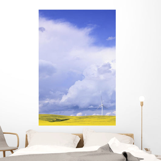 Storm Clouds Over Canola Field With Wind Turbine, St Leon, Manitoba Wall Mural