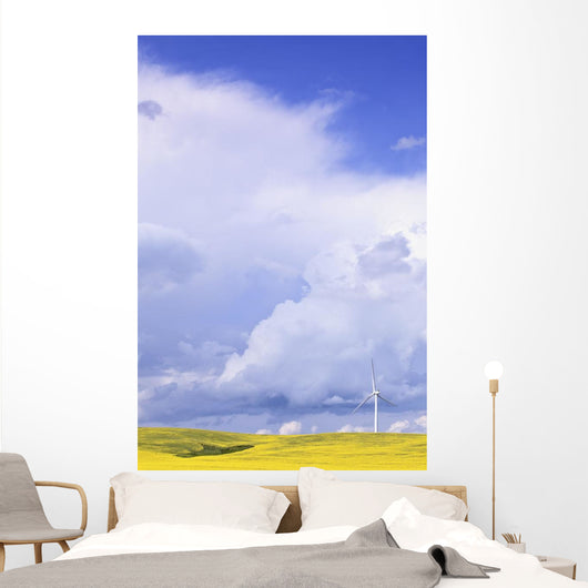 Storm Clouds Over Canola Field With Wind Turbine, St Leon, Manitoba Wall Mural