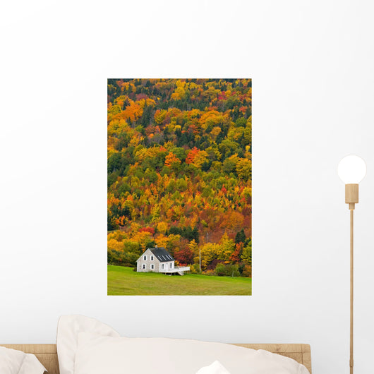 Cottage In Front Of Autumn Colours, Capstick, Cape Breton, Nova Scotia Wall Mural