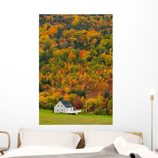 Cottage In Front Of Autumn Colours, Capstick, Cape Breton, Nova Scotia Wall Mural