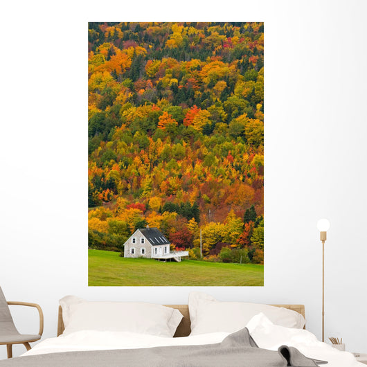 Cottage In Front Of Autumn Colours, Capstick, Cape Breton, Nova Scotia Wall Mural