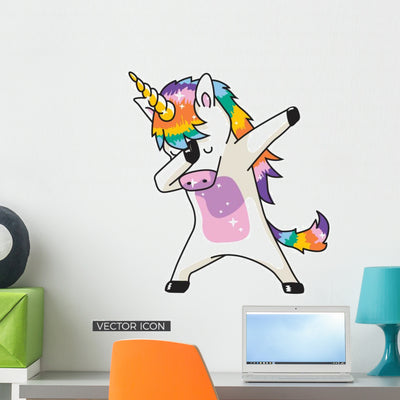 Dramatic Rainbow Dabbing Unicorn Wall Decal shown on a wall