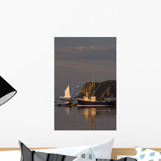 Fishing Boat Near An Iceberg, Durrell, Newfoundland And Labrador Wall Mural