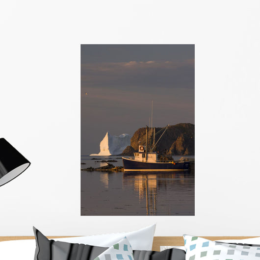 Fishing Boat Near An Iceberg, Durrell, Newfoundland And Labrador Wall Mural