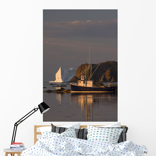 Fishing Boat Near An Iceberg, Durrell, Newfoundland And Labrador Wall Mural