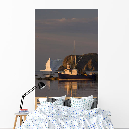 Fishing Boat Near An Iceberg, Durrell, Newfoundland And Labrador Wall Mural